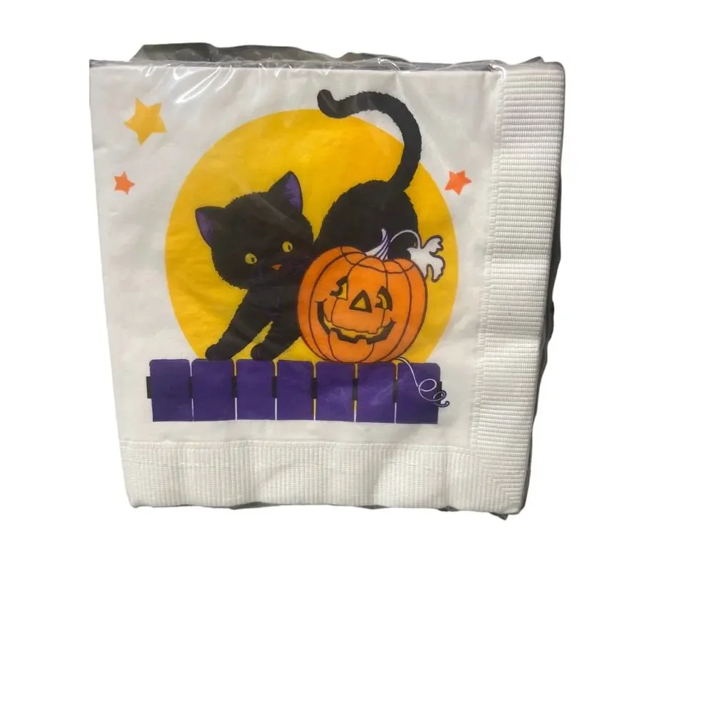 Vintage Halloween Napkins American Greetings cute black cat and pumpkin on fence